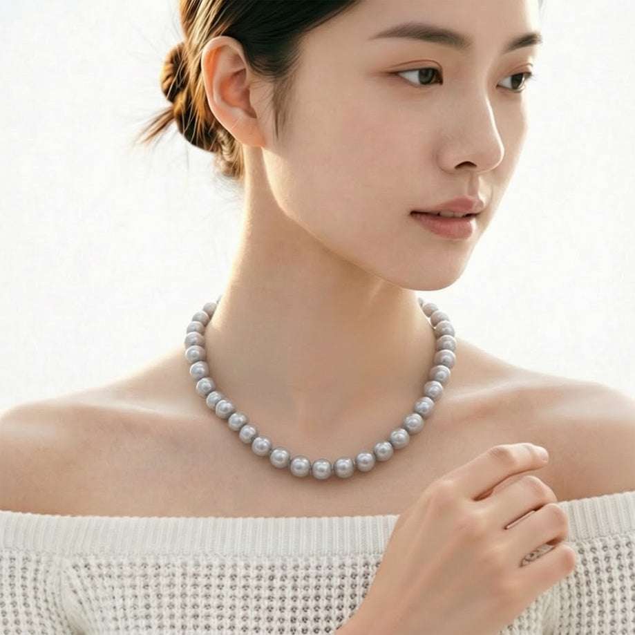 17-inch freshwater pearl necklace with grey pearls and flower rhodium clasp