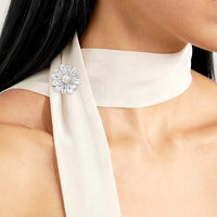 Flower cubic zirconia brooch with rhodium plating and delicate sparkle, 2.3cm diameter, pin with C clasp closure