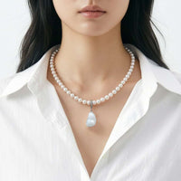 Freshwater pearl necklace with detachable baroque pendant and gold beads, 17-inch length, rhodium clasp