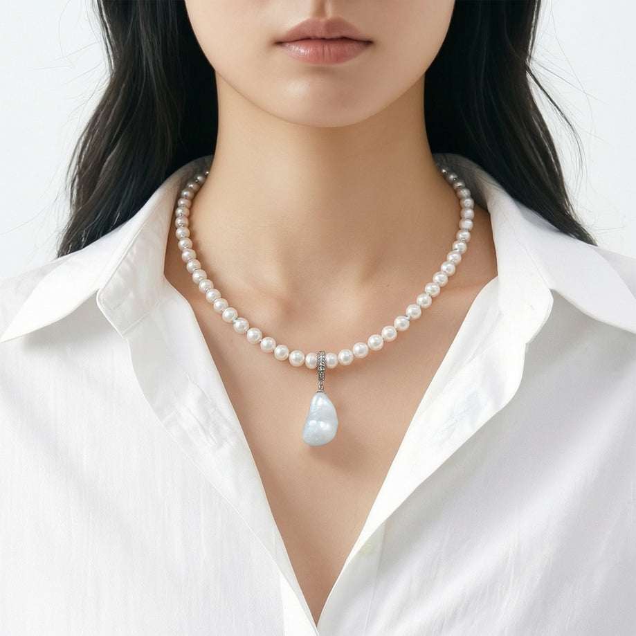 Freshwater pearl necklace with detachable baroque pendant and gold beads, 17-inch length, rhodium clasp