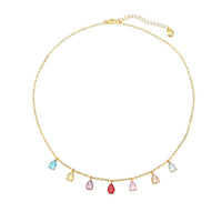 Cubic Zirconia Necklace with a fine gold-toned chain and colourful faceted teardrop charms spaced along the lower edge.