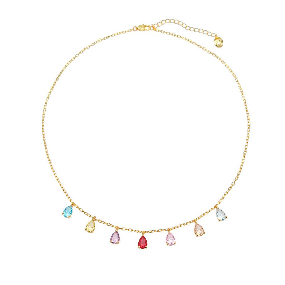 Cubic Zirconia Necklace with a fine gold-toned chain and colourful faceted teardrop charms spaced along the lower edge.
