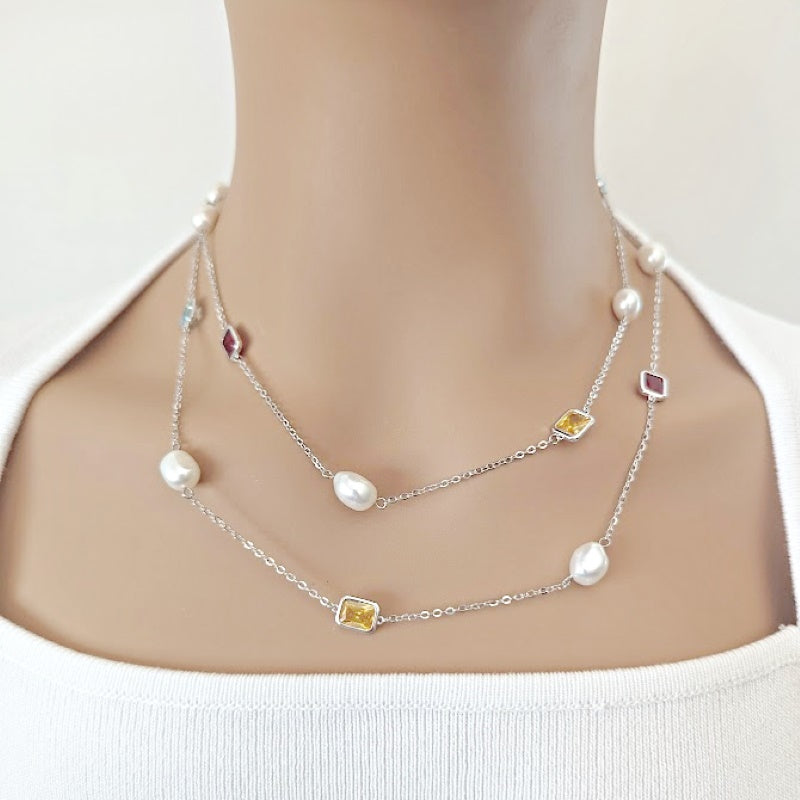 Freshwater Pearl Rhodium Chain Necklace - CHOMEL