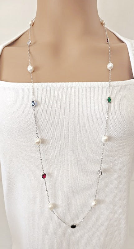Freshwater Pearl Rhodium Chain Necklace - CHOMEL