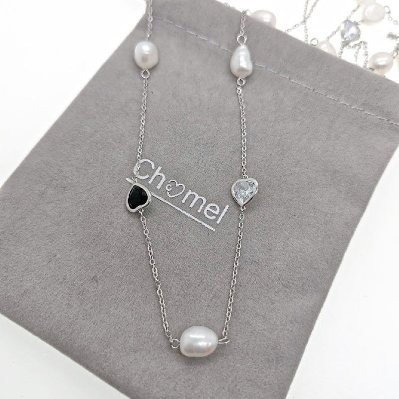 Freshwater Pearl Rhodium Chain Necklace - CHOMEL