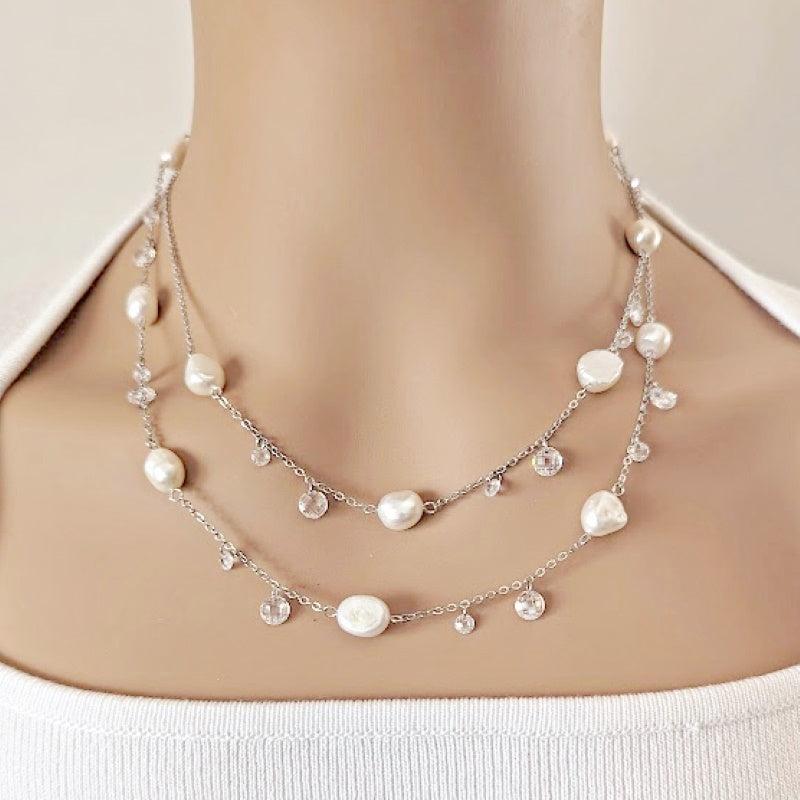 Freshwater Pearl Rhodium Chain Necklace - CHOMEL