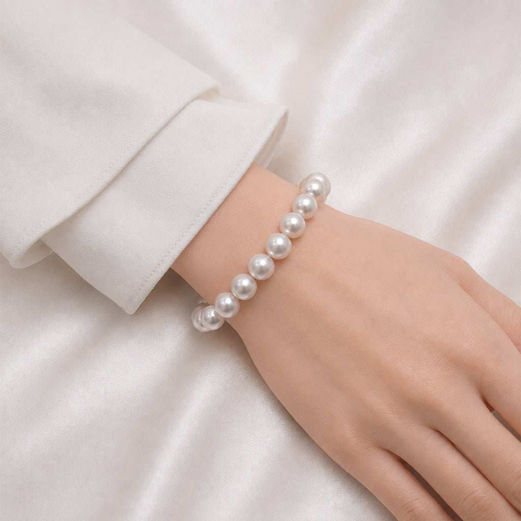 Simulated pearl elastic bracelet with 10mm pearls and stretchable band for comfortable fit