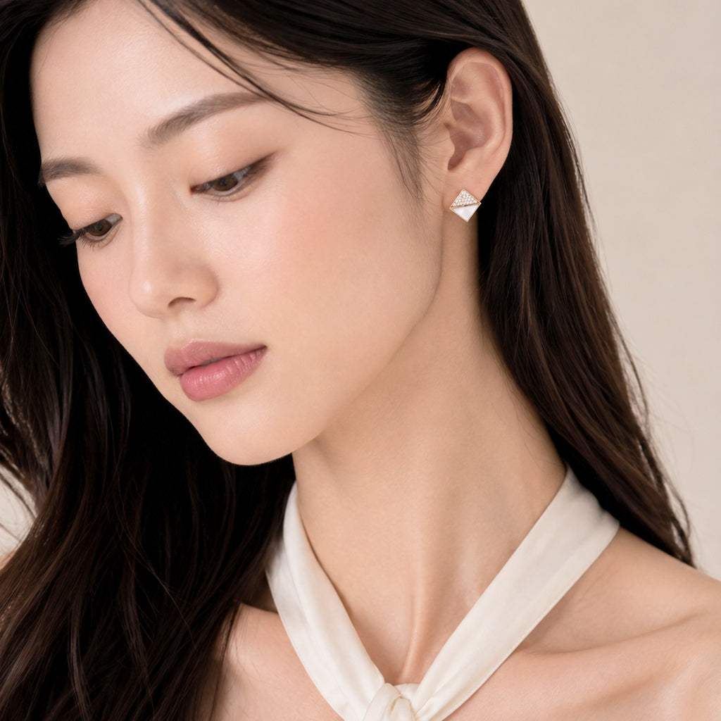 Gold plated square Mother of Pearl Earrings with cubic zirconia, 10x10mm, 925 post backing