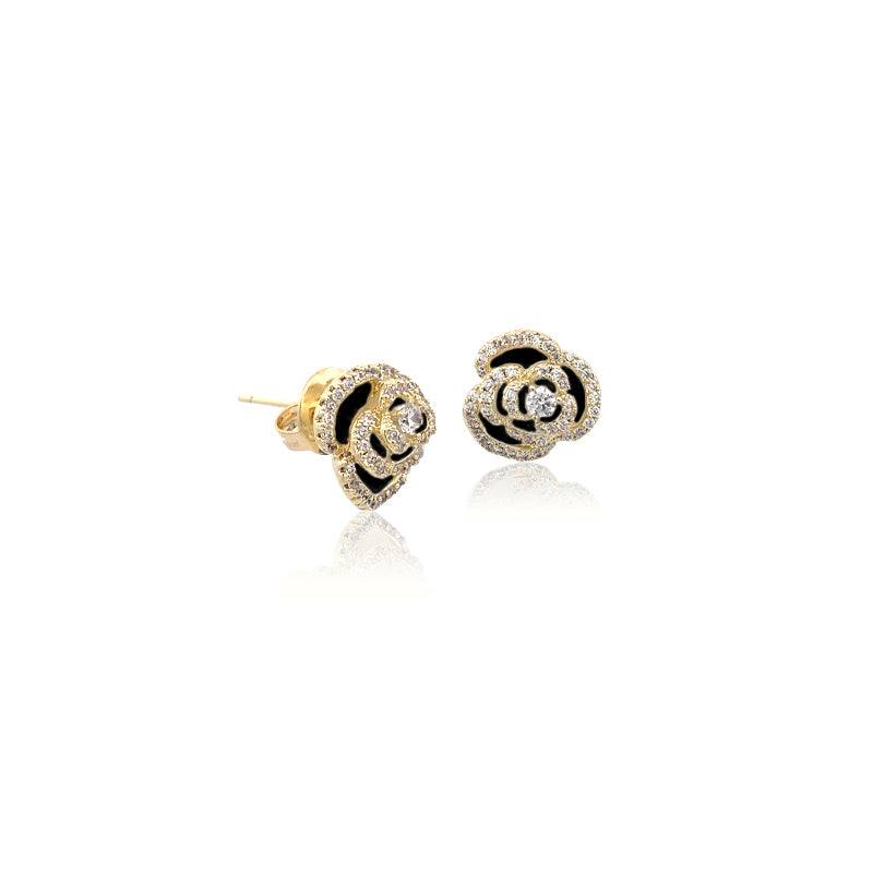 Black enamel flower cubic zirconia stud earrings with gold plated finish and hypoallergenic posts