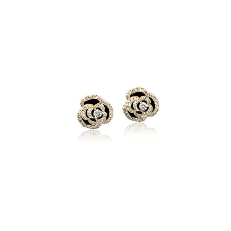 Black enamel flower cubic zirconia earrings with gold plated finish and hypoallergenic posts