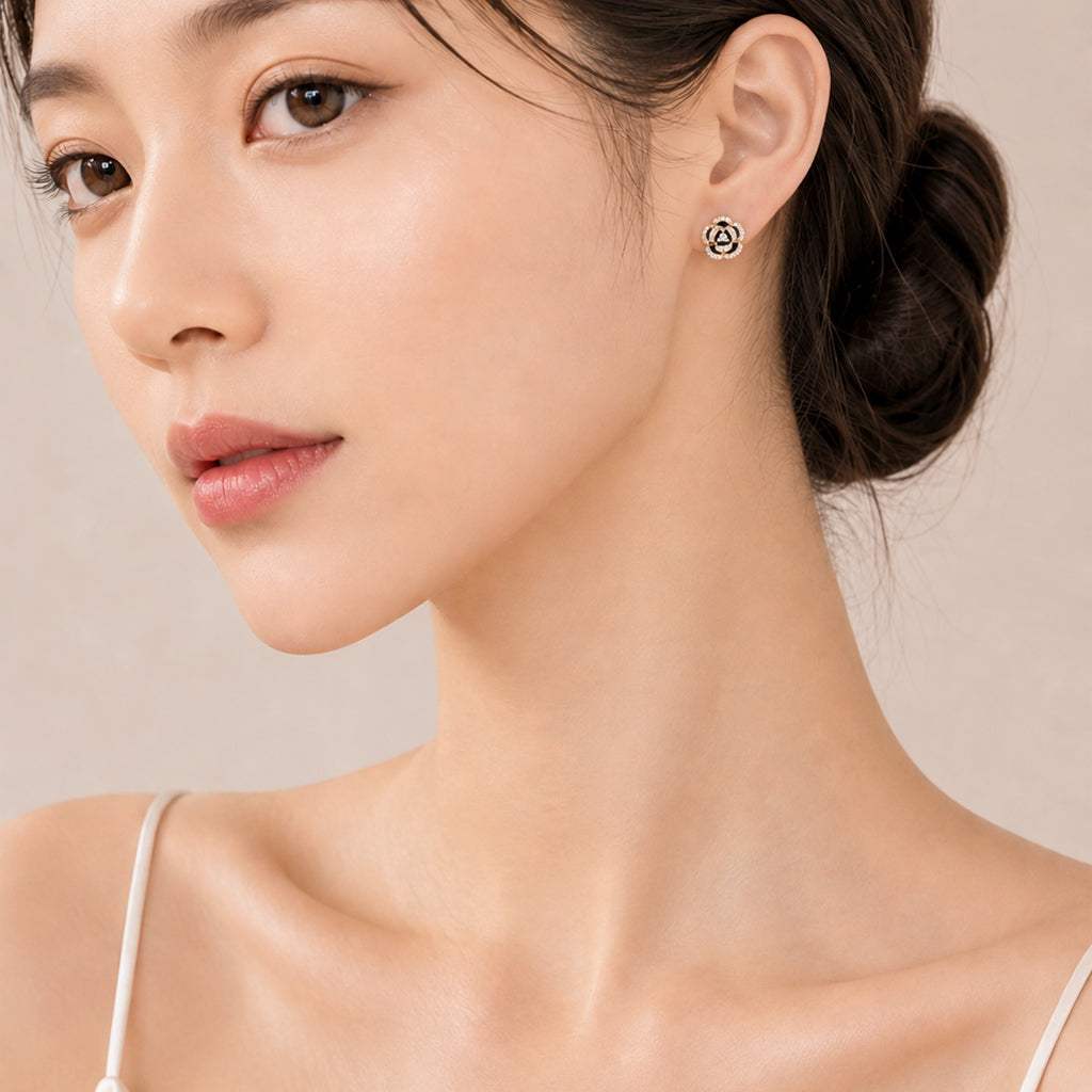 Gold plated flower cubic zirconia earrings with black enamel, 8x8mm, hypoallergenic posts