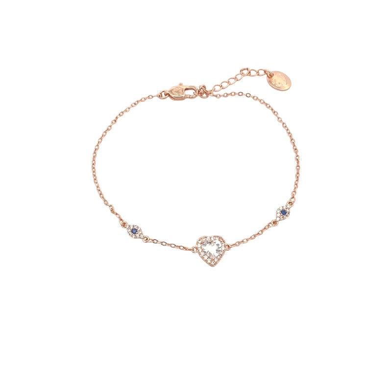 Rosegold plated heart cubic zirconia bracelet with evil eye charms and adjustable chain