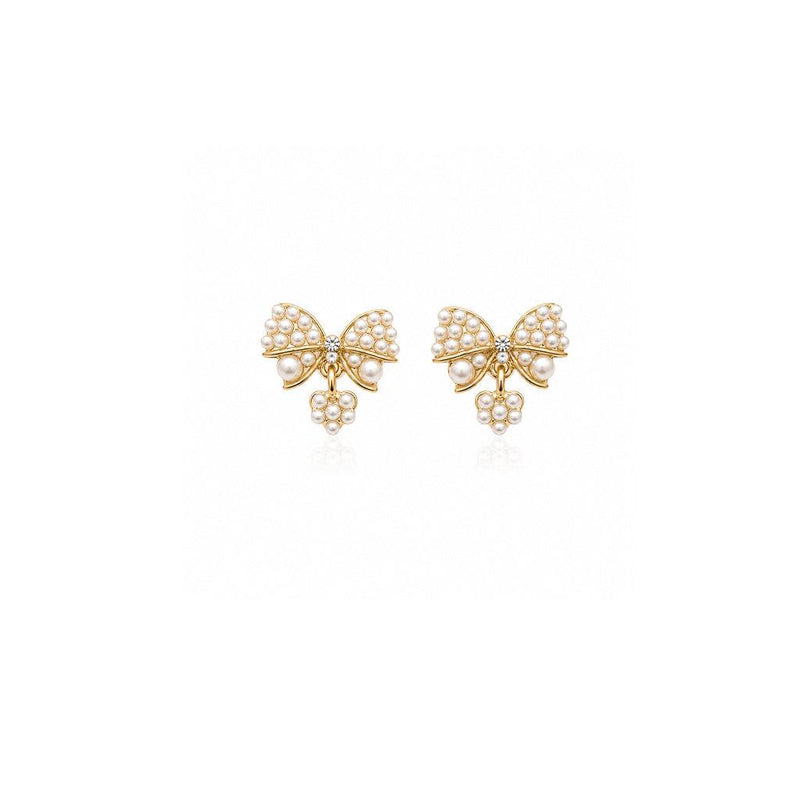 Gold plated ribbon simulated pearl earrings with small dangling heart stud design