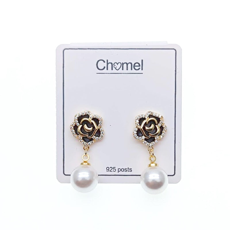 CHOMEL Pearl Flower Drop Gold Earrings