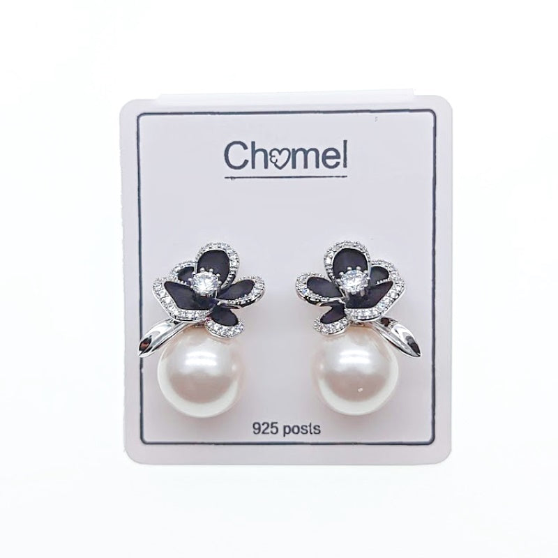 CHOMEL Pearl Flower Rhodium Earrings