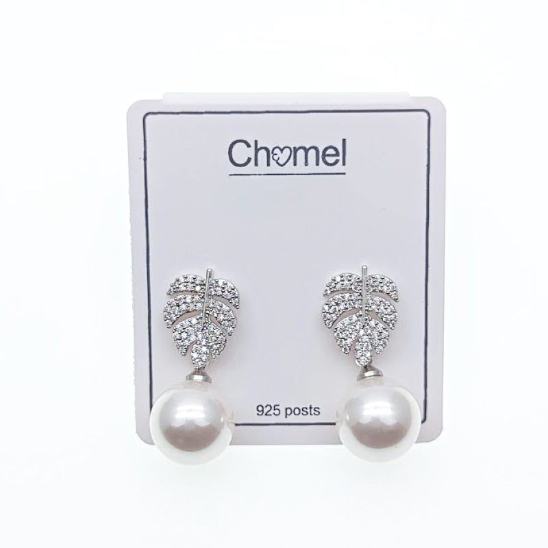 CHOMEL Pearl Leaf Rohodium Drop Earrings