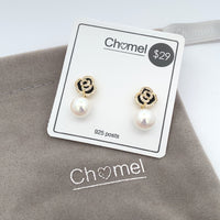 CHOMEL Simulated Pearl Flower Rhodium Drop Earrings.