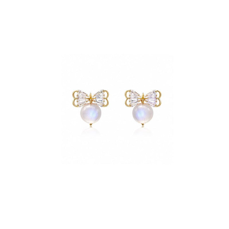 Ribbon simulated moonstone earrings with cubic zirconia accents and gold plated finish