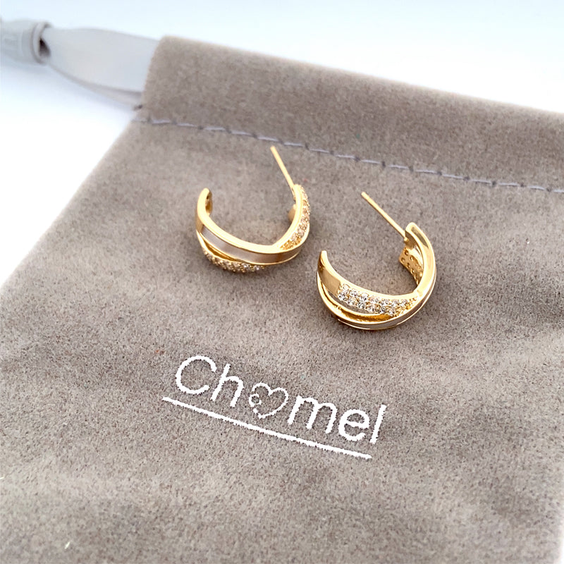 CHOMEL Mother of Pearl and Cubic Zirconia Gold Plated finish Hoop Stud Earrings.