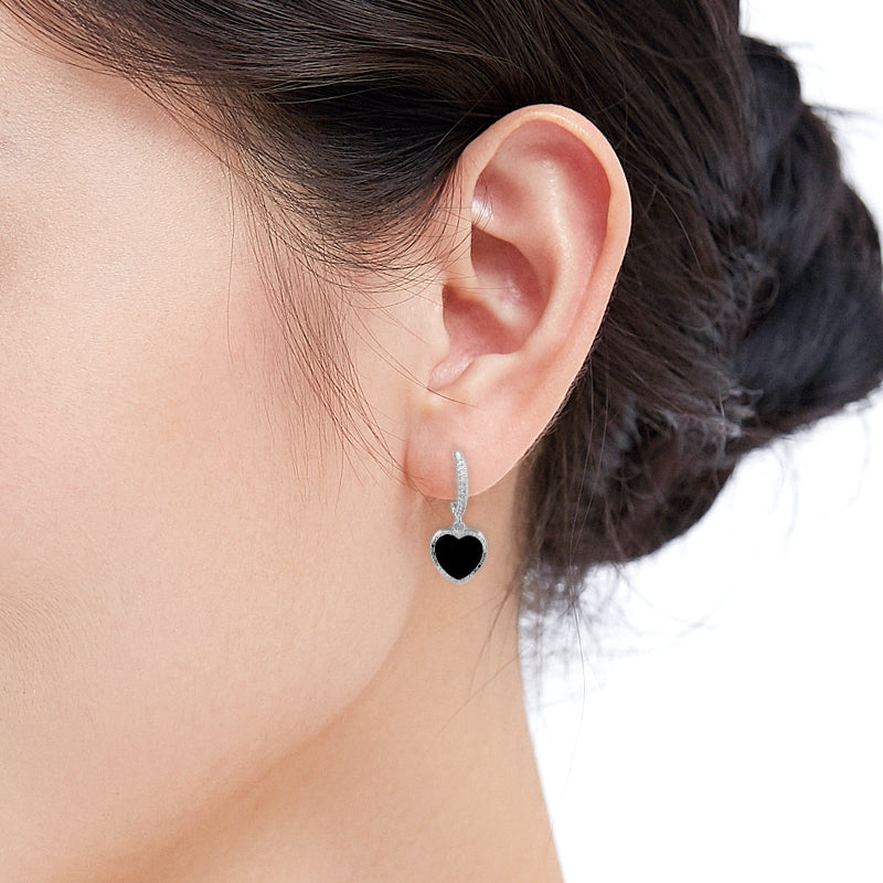 CHOMEL Cubic Zirconia Rhodium hoop earrings with dangling black enamel heart.