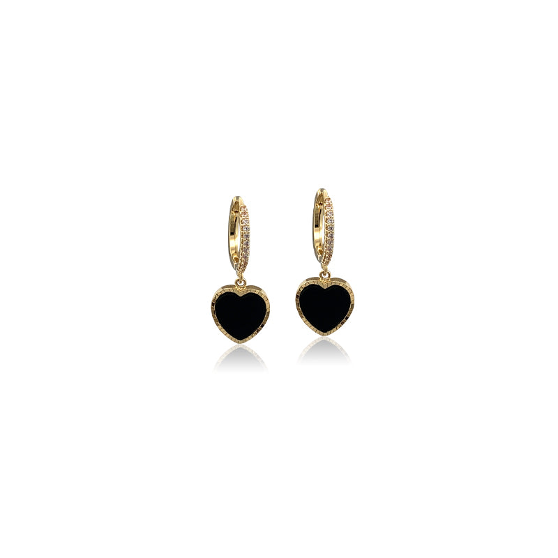 CHOMEL Cubic Zirconia Gold finish hoop earrings with dangling black enamel heart.