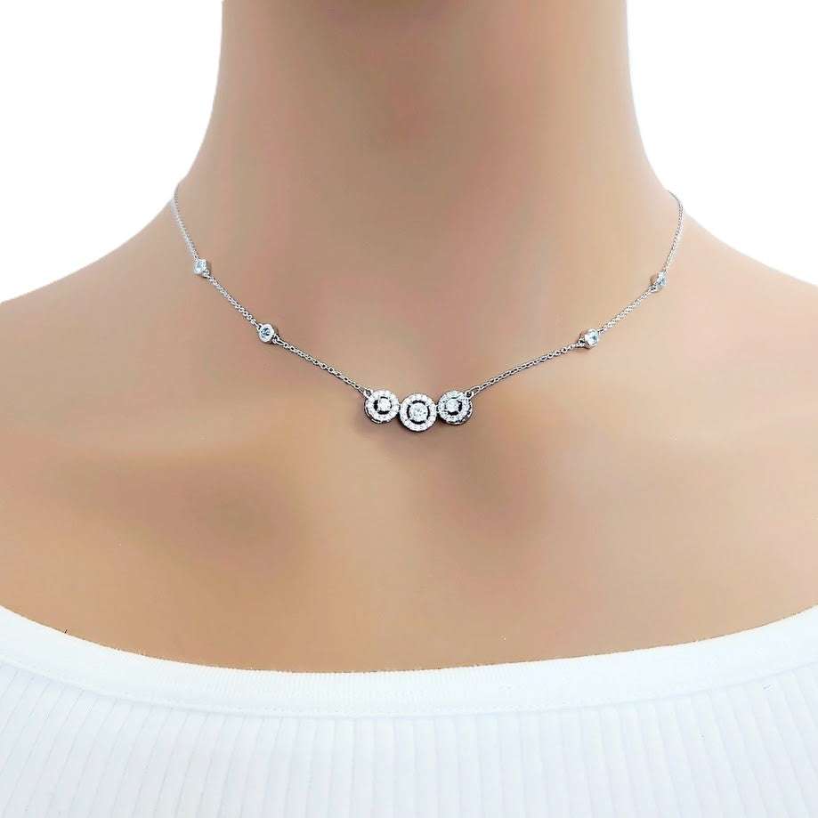 Elegant cubic zirconia necklace with three round solitaire pendants on a fine rhodium-plated chain
