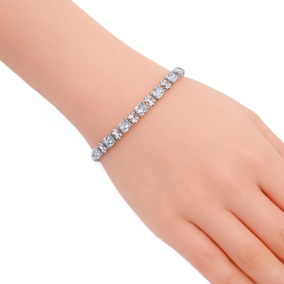 Cubic Zirconia Tennis Bracelet with sparkling baguette-cut stones and a polished rhodium-plated finish