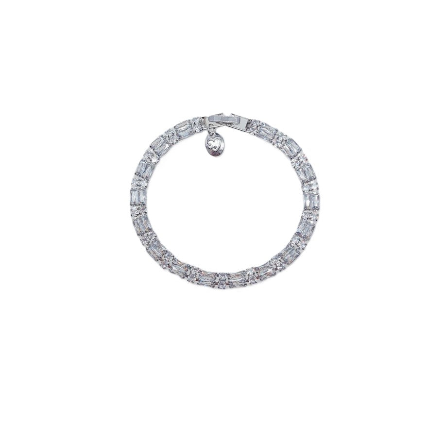 Cubic Zirconia Tennis Bracelet in silver-tone rhodium plating, featuring rows of baguette-cut stones and a secure clasp