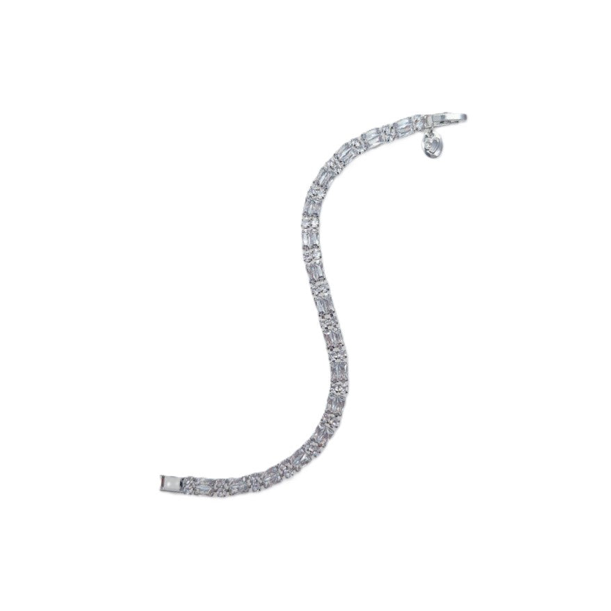 Cubic Zirconia Tennis Bracelet in silver-tone rhodium plating, featuring a row of sparkling baguette-cut stones and clasp
