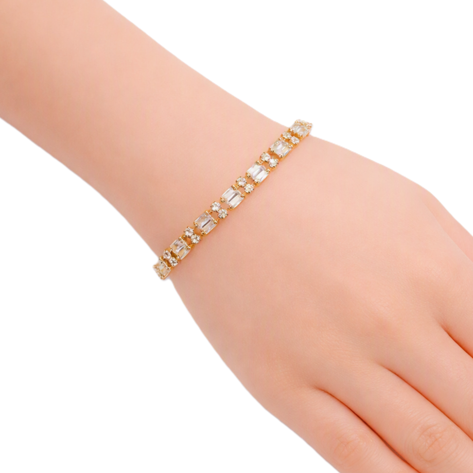 Cubic Zirconia Tennis Bracelet with gold-plated metal and sparkling baguette-cut stones in a slim row