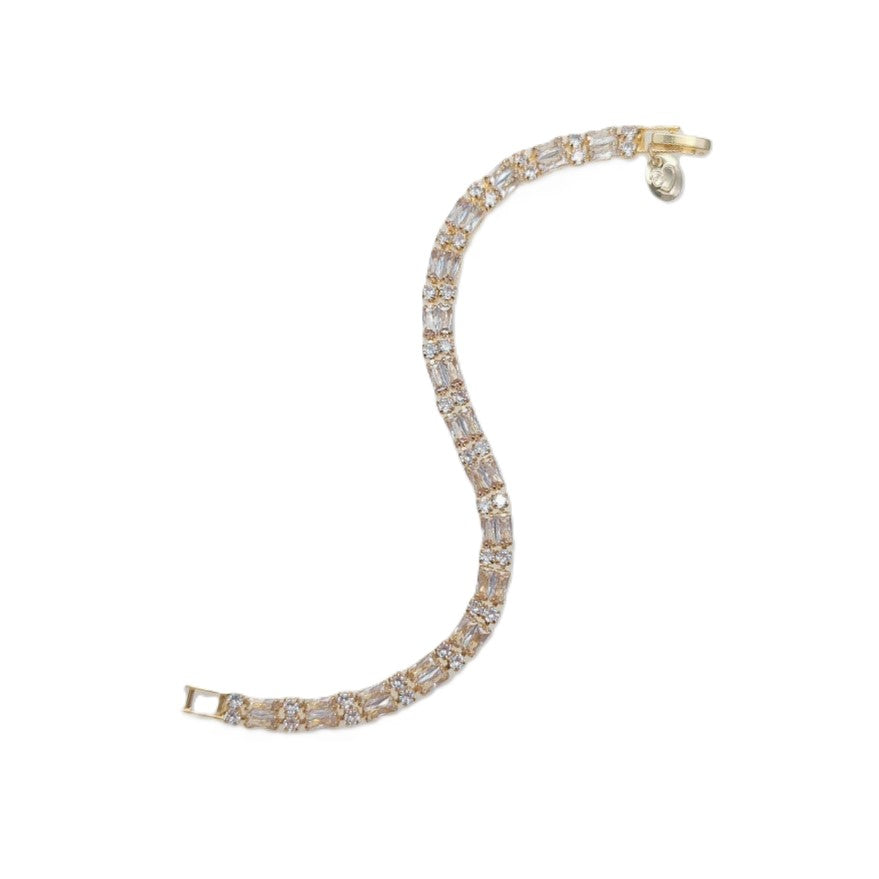 Cubic Zirconia Tennis Bracelet with gold-plated finish and sparkling baguette-cut stones, featuring a secure clasp