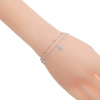 Planet Cubic Zirconia silver bracelet with delicate double chains and dangling sparkling star charms, adjustable clasp closure