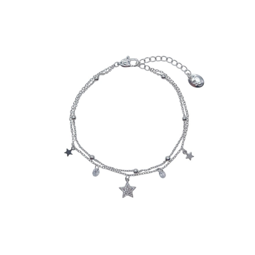 Planet Cubic Zirconia bracelet in silver-tone rhodium-plated metal with double chains and dangling star charms