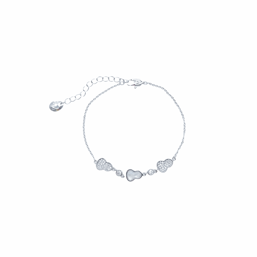 Gourd-Hulu cubic zirconia bracelet with mother of pearl on adjustable rhodium-plated chain
