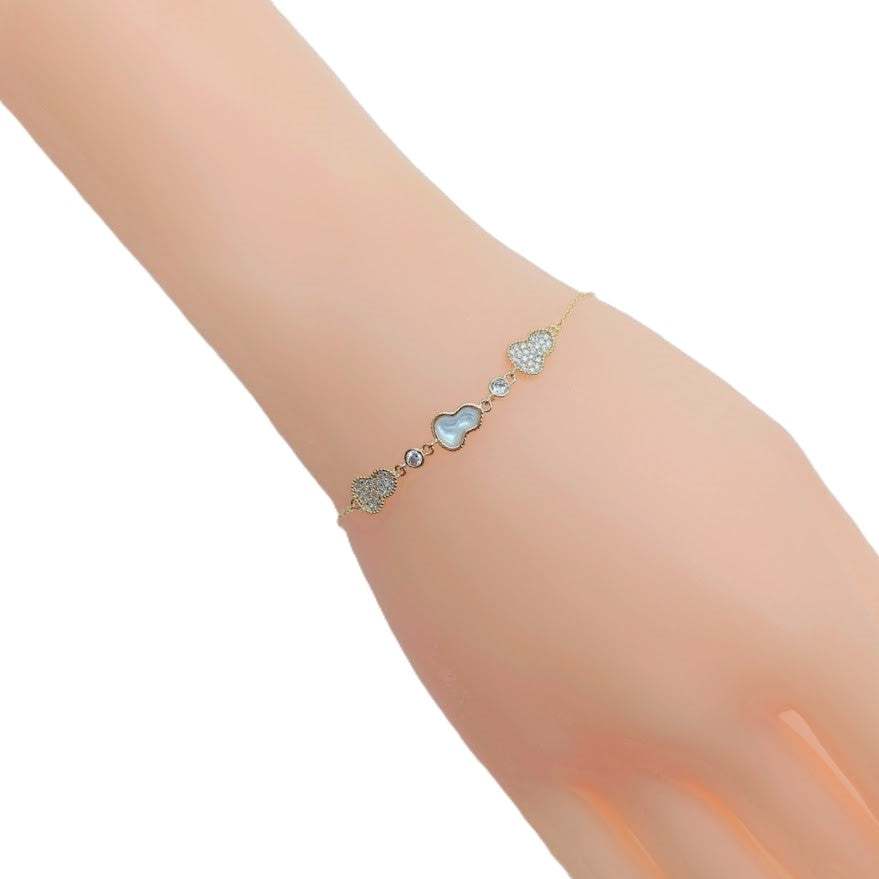 Gourd-Hulu cubic zirconia and mother of pearl bracelet with gold plating and adjustable chain