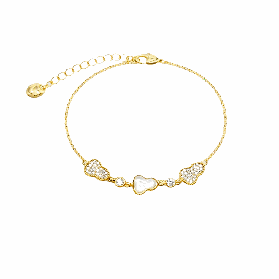 Gold plated gourd-hulu cubic zirconia bracelet with mother of pearl pendant on adjustable chain