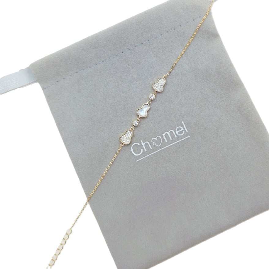 Gold plated Gourd-Hulu cubic zirconia and mother of pearl bracelet with adjustable chain and spring clasp