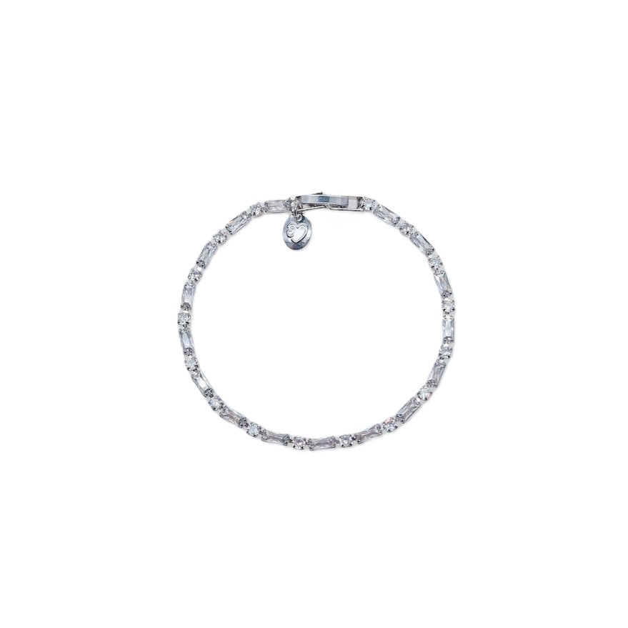 Cubic Zirconia Tennis Bracelet in silver-tone rhodium-plated metal with a single row of baguette-cut stones and charm pendant