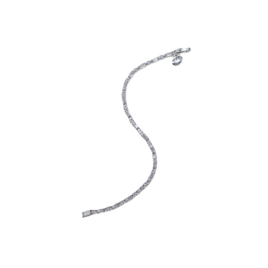 Cubic Zirconia Tennis Bracelet in silver-tone rhodium plating, featuring a slender row of sparkling baguette-cut stones