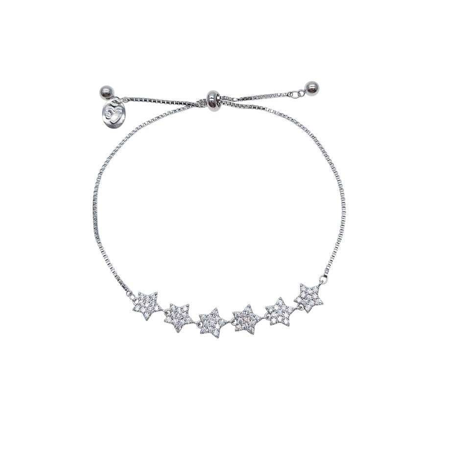 Star Cubic Zirconia Bracelet with adjustable pull string and rhodium plated finish featuring celestial star motifs