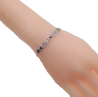 Adjustable cubic zirconia tennis bracelet with colourful stones and rhodium plated finish