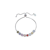 Cubic zirconia tennis bracelet with colorful stones and rhodium plated adjustable sliding design