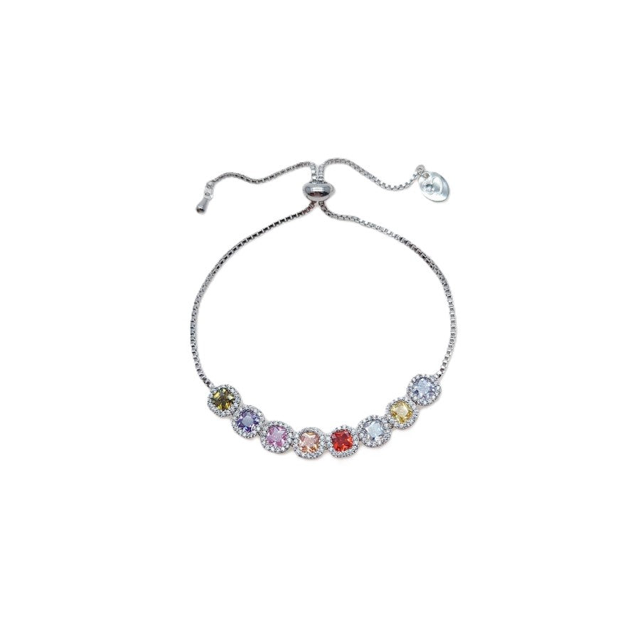 Cubic zirconia tennis bracelet with colorful stones and rhodium plated adjustable sliding design