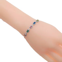 Colourful cubic zirconia tennis bracelet with adjustable rhodium plated finish and rectangular stones