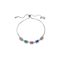 Colorful cubic zirconia tennis bracelet with rhodium plated finish and adjustable length