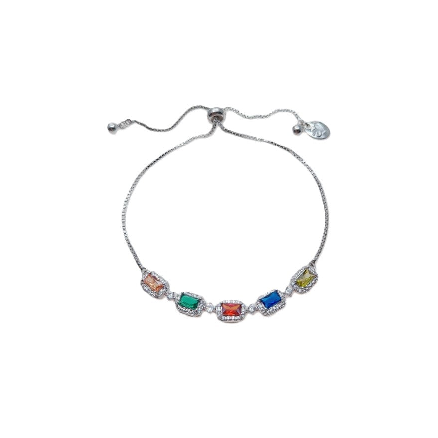 Colorful cubic zirconia tennis bracelet with rhodium plated finish and adjustable length