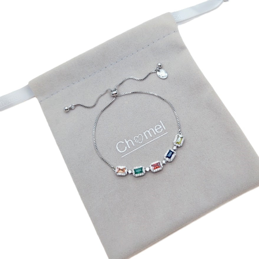 Colourful cubic zirconia tennis bracelet with rhodium plated finish and adjustable length