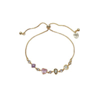 Colourful cubic zirconia tennis bracelet with diamond, heart, oval, and circle shapes, gold plated and adjustable sliding clasp