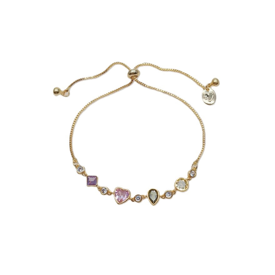 Colourful cubic zirconia tennis bracelet with diamond, heart, oval, and circle shapes, gold plated and adjustable sliding clasp