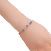 Colorful cubic zirconia tennis bracelet with rhodium plated adjustable sliding design and rectangle stones